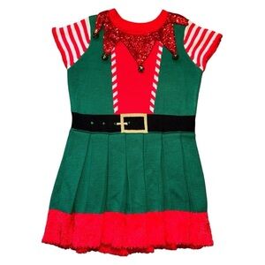 Girls Holiday Time Ugly Christmas Sweater Dress L 12-14 Red Green Elf Style